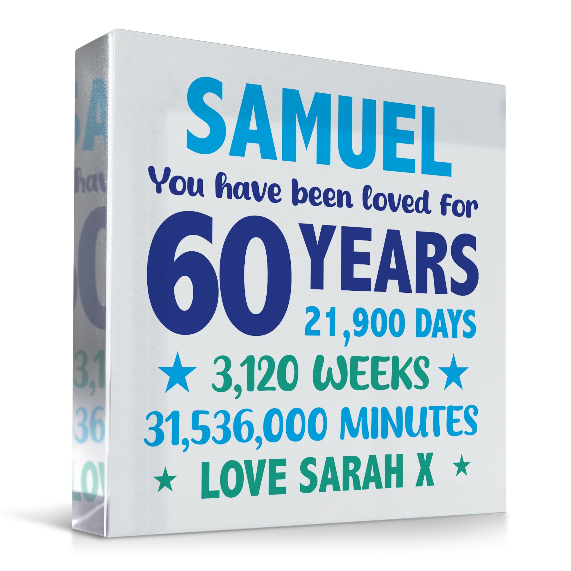 Red Ocean PERSONALISED 60th Birthday Gifts For Him Grandad Dad Uncle Brother Acrylic Clear Block Gift For 60th Birthday Gift From Mum And Dad Friend Grandchild Special Keepsake