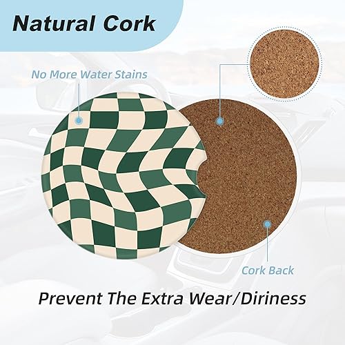 Miniatura 4 de Posavasos estéticos a cuadros verdes para portavasos de automóvil, paquete de 2 posavasos de automóvil para automóvil, posavasos absorbentes de