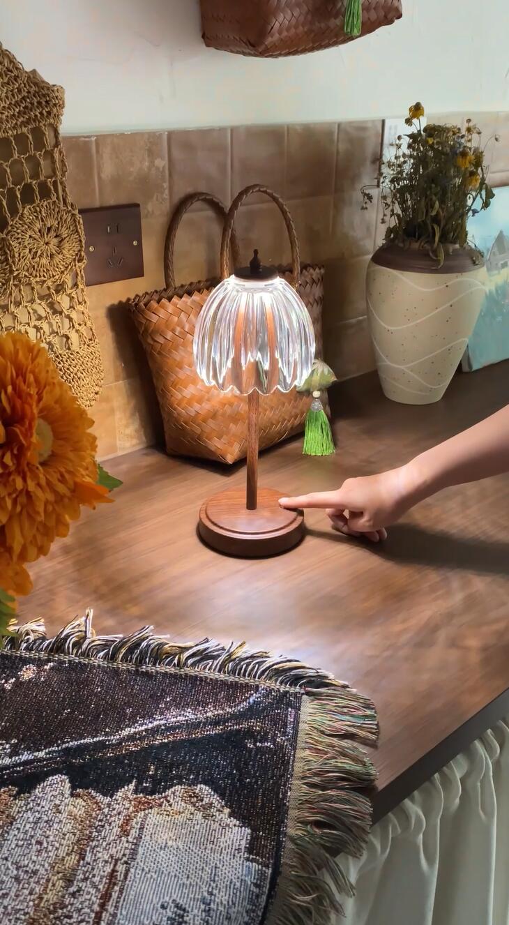 Image of Shenmoyl Tulip Table Lamp with 5200mAh Battery & Touch Control, Small Cordless Table Lamp with 3 Colors, Rechargeable Battery Operated Table Lamps for Bedroom, Desk, Bedside (Transparent-Walnut Color)