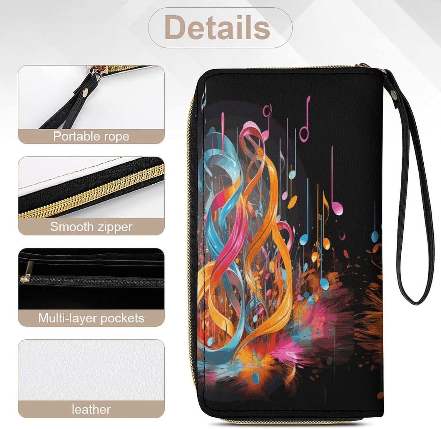 Womens Wallet Colorful Musical Note Printed Wristlet Wallets for Women Large Capacity Credit Card Holder Ladies Phone Clutch Leather Zip Around Clutch Wallet