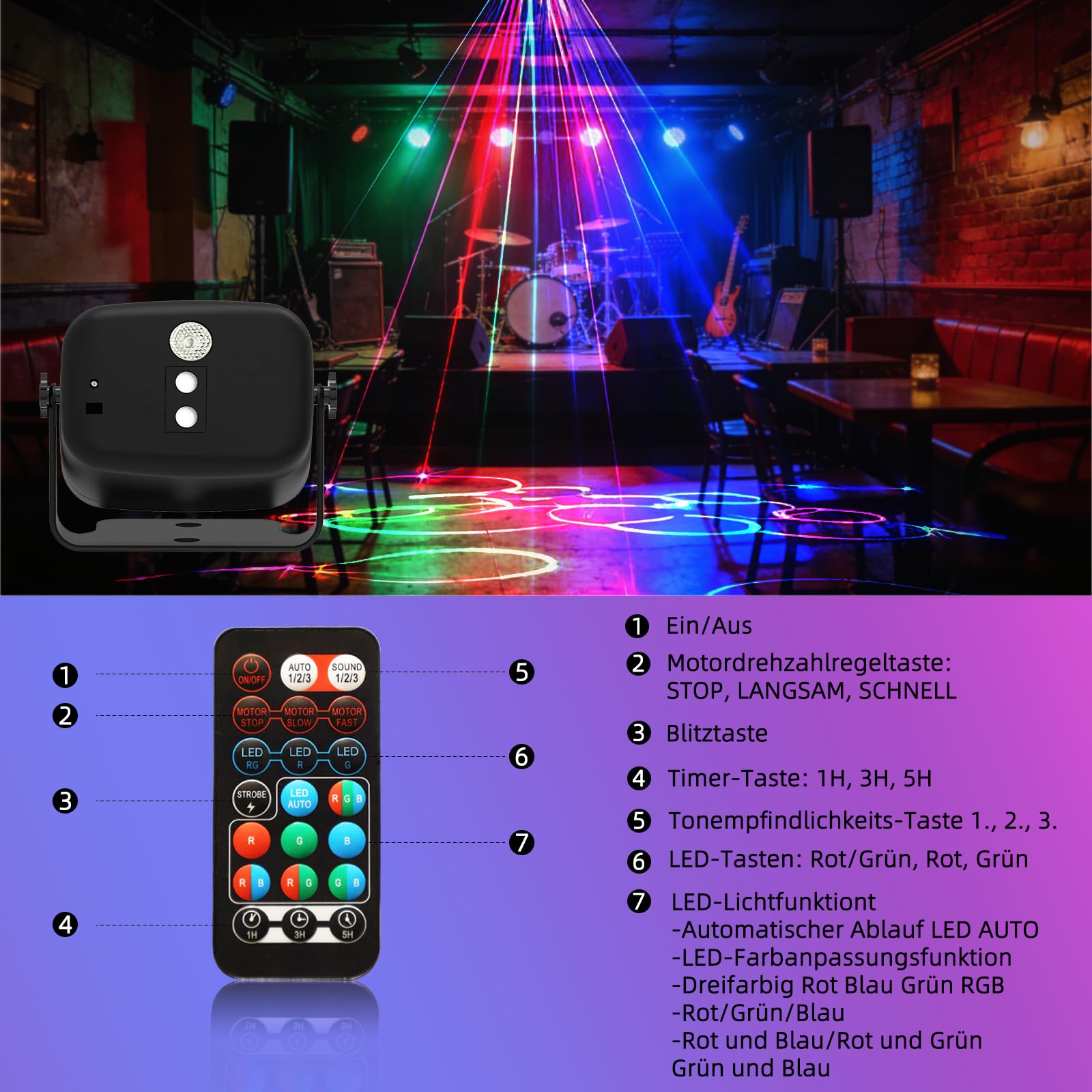 LED Disco Partylicht RGB Musikgesteuert, Kompakt Tragbar mit Fernbedienung, LED Strobe Licht für Zimmer, Karaoke, Weihnachten, Halloween, Hochzeit und Indoor-Feiern
