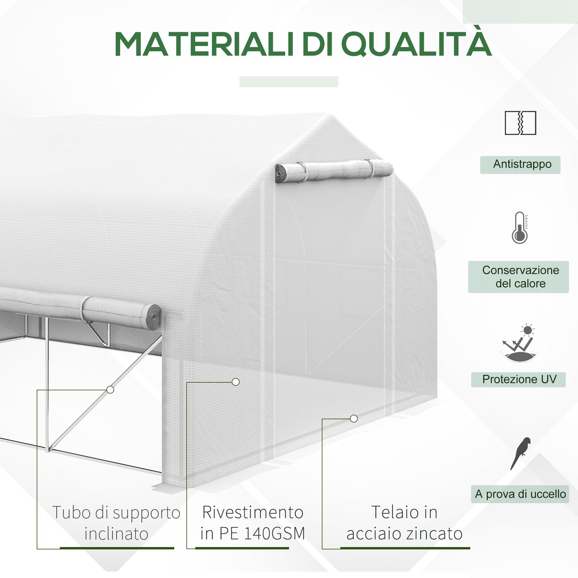 Outsunny Serre Tunnel de Jardin 12m² Serre de Jardin 395x300x200cm Blanc | avec Porte, 8 Fenêtres Moustiquaires, pour Légumes Fruits, Extérieur Toutes Saisons, Bâche PE Haute Densité 140g/m²