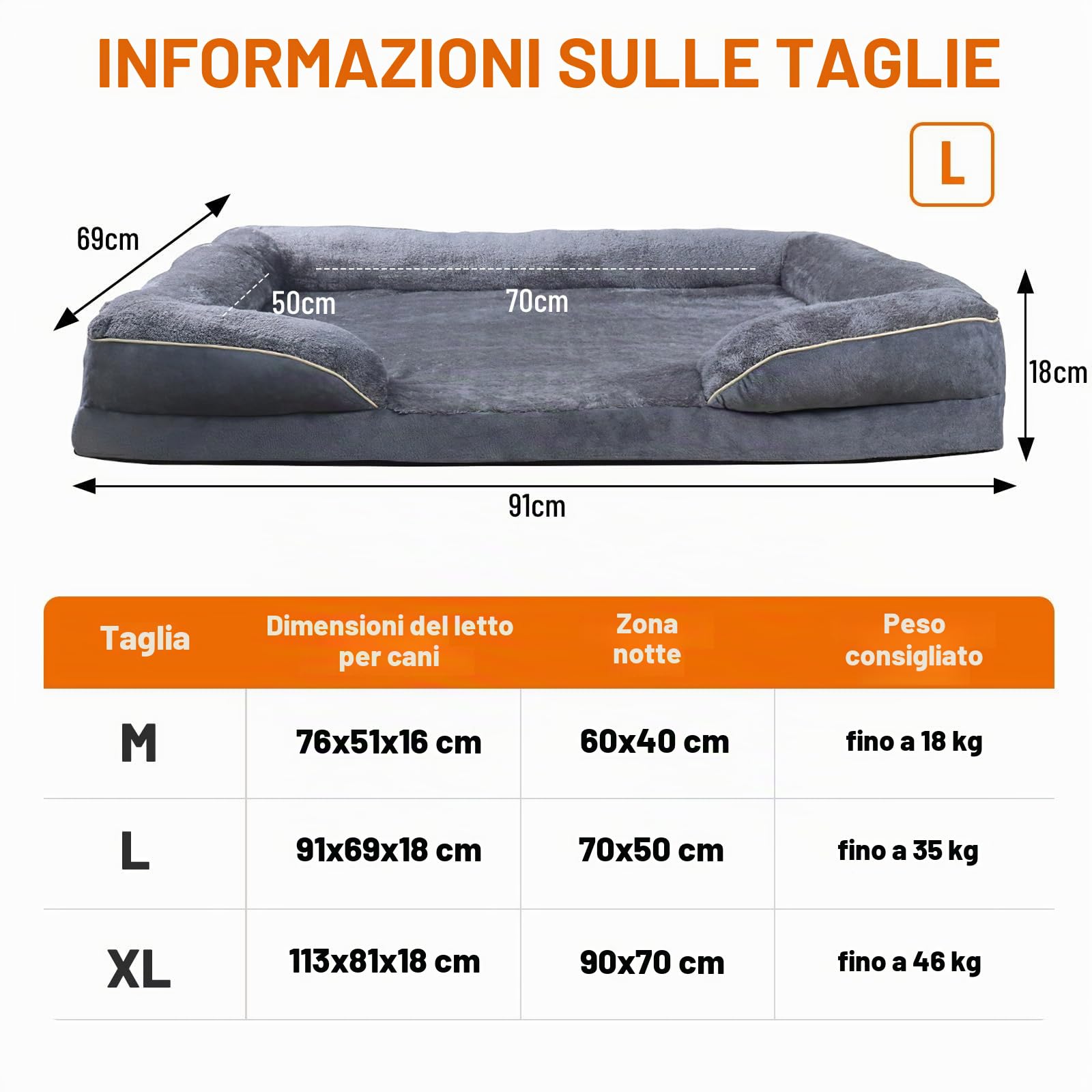 Letto per Cani Grande, 91 x 69 x 18 cm, Cuccia Cane Interno, Cuccia Divano per Cani, Cuscino Impermeabile Sfoderabile e Lavabile, Lettino per Cane con Fondo Antiscivolo, Grigio