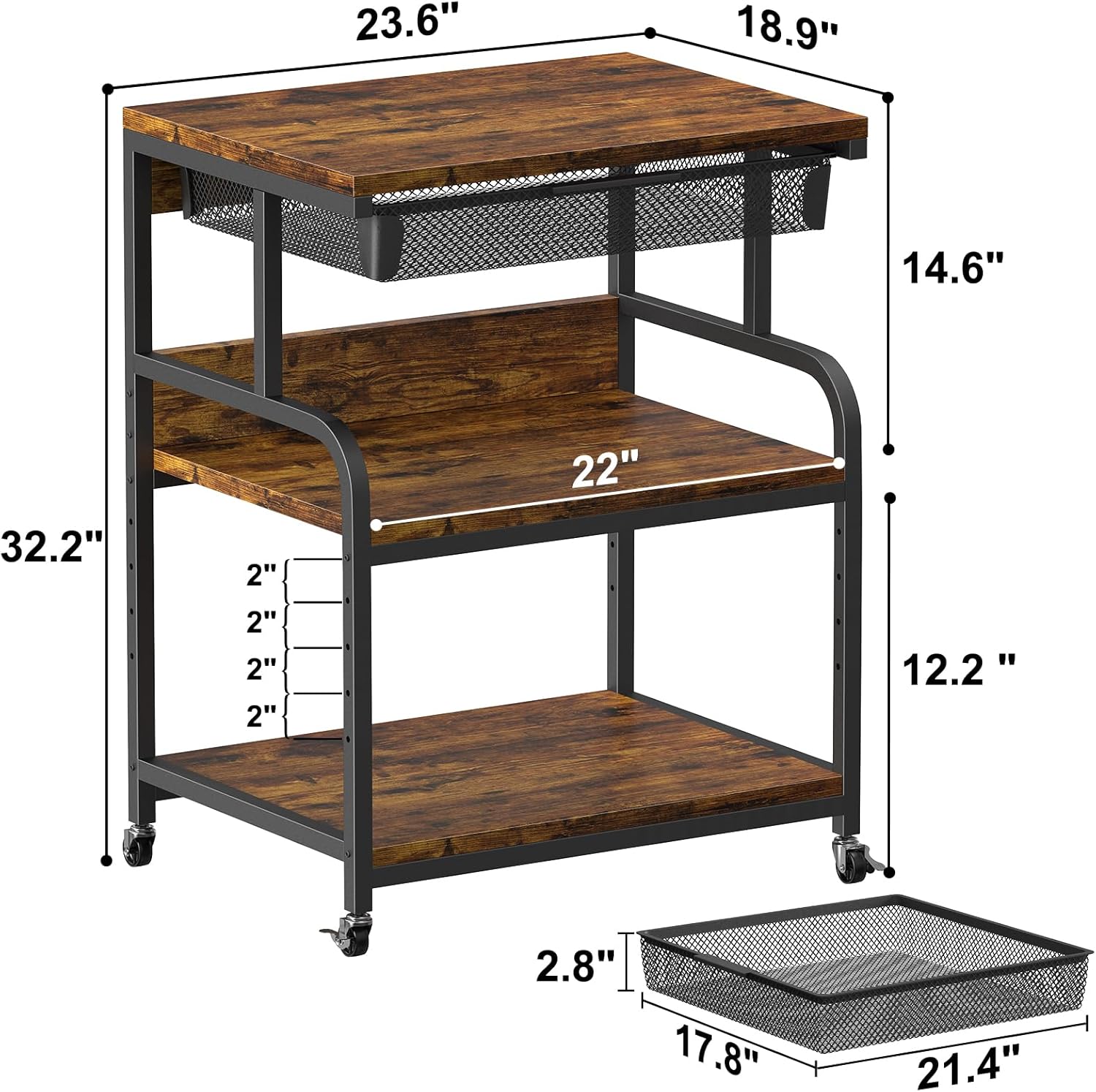 EasyCom 23.6''x18.9'' Extra Large Printer Stand with Drawer, 5-Adjustable Heights 3 Tier Table with Wheels, Rolling Printer Cart with Storage for Printer Scanner Fax Home Office Use - Image 6