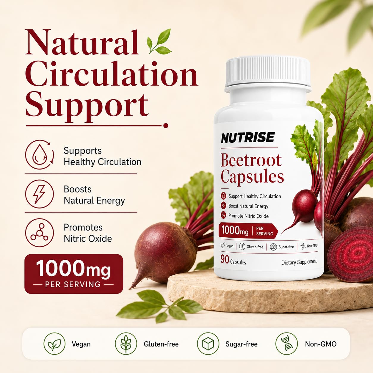 Nutrise Beetroot Capsules - 1000mg, Beetroot Circulation Supplement with Grape Seed Extract, 3-in-1 Formula, Boost Energy, Improve Mental Clarity, Non-GMO & Gluten Free, 90 Capsules (1) — Amazon image 2