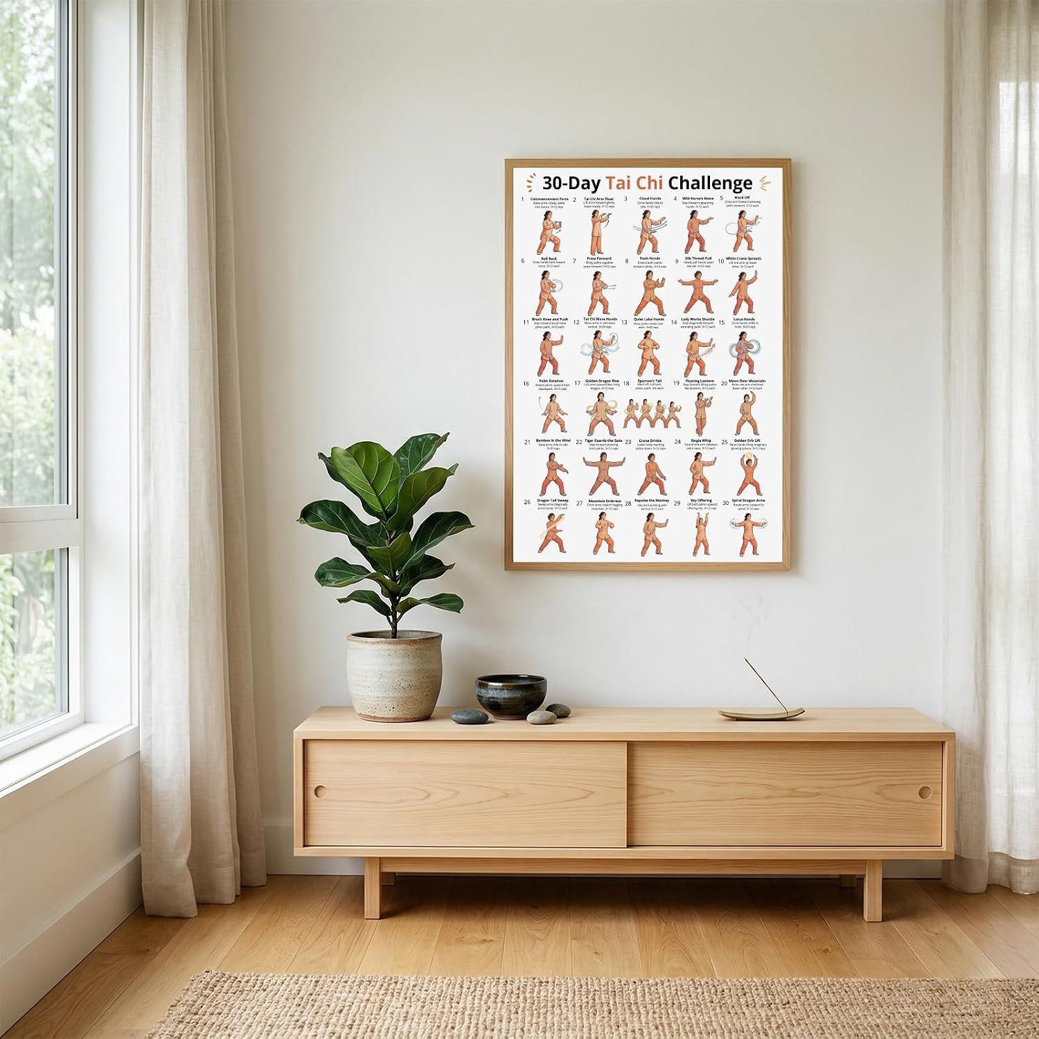 Tai Chi Walking Chart Wall Art Exercise Guide Instructional Tai Chi Poster Premium Canvas Wall Art for Home Gym Bedroom Easy-to-Follow Mindful Workout for Seniors Woman Large Fitness Instruction Print (B, 24"L x 16"W)