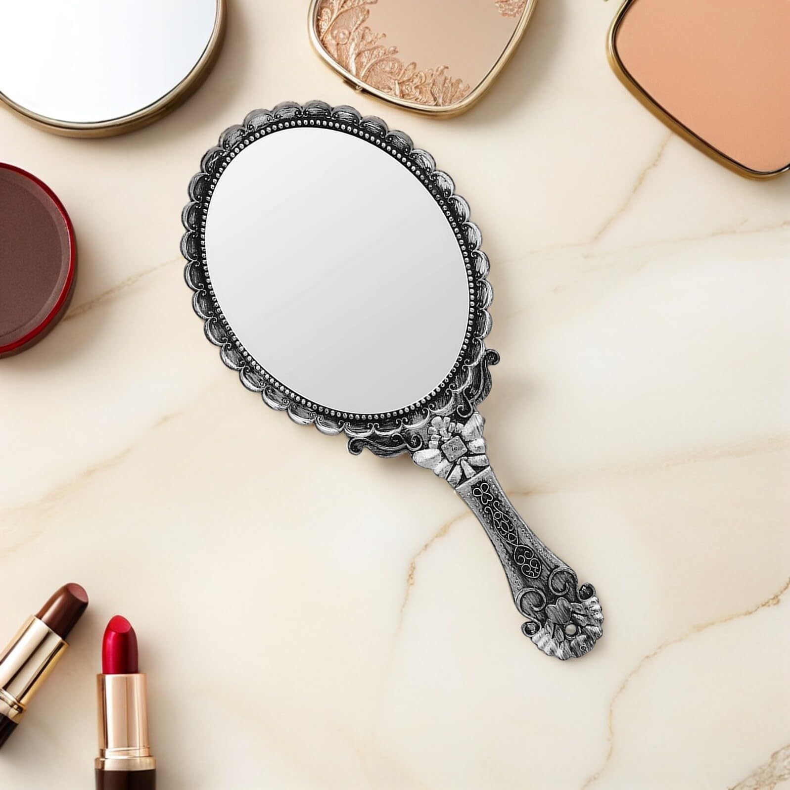 Espejo Resistente y Elegante Mujer para Maquillaje Vintage de Mano Material Abs y Vidrio Mango Cómodo para Uso en Casa y Viajes