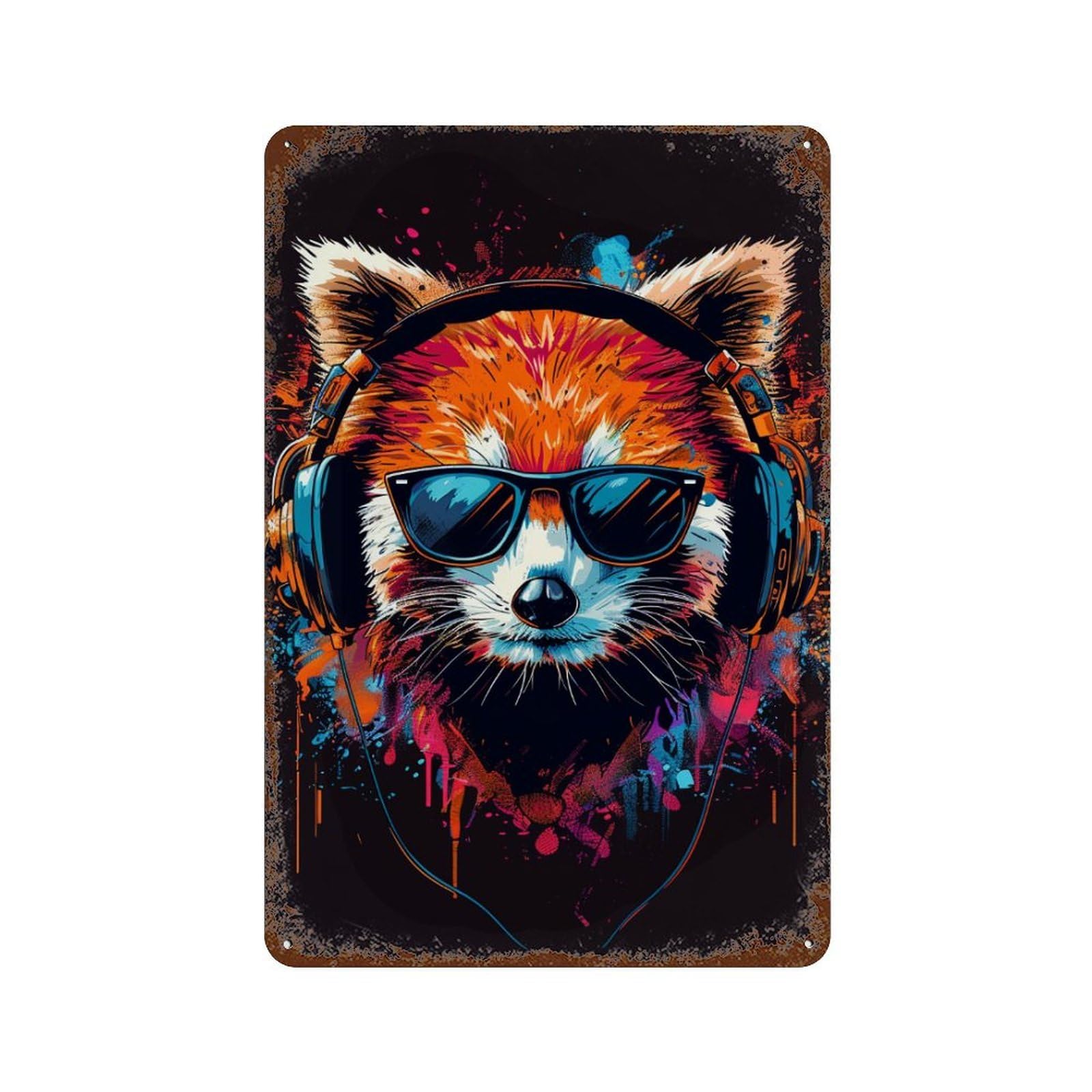 Stylish Red Panda with Headphones Distressed Metal Wall Sign 11.8"x7.9", Shabby Chic Decor for Garage, Pub Or Kitchen