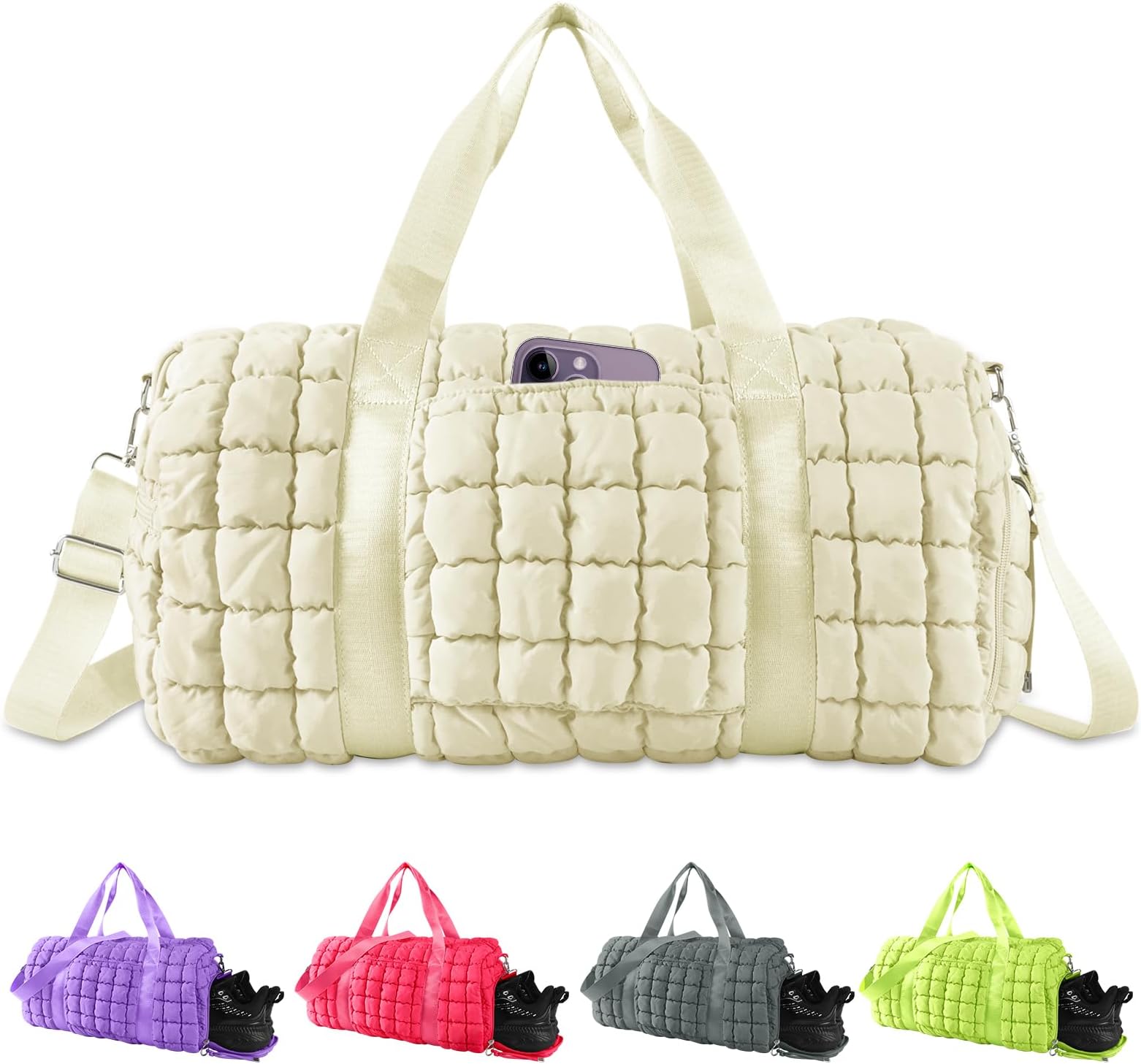 XSUIOYQuilted Travel Duffel Bag Gym Bag for Women,Large Puffer Duffel Weekender Bag with Compartment,Workout Overnight Carry on Organizer Bag Duffle Bag for Airplanes Travel(Off-white)