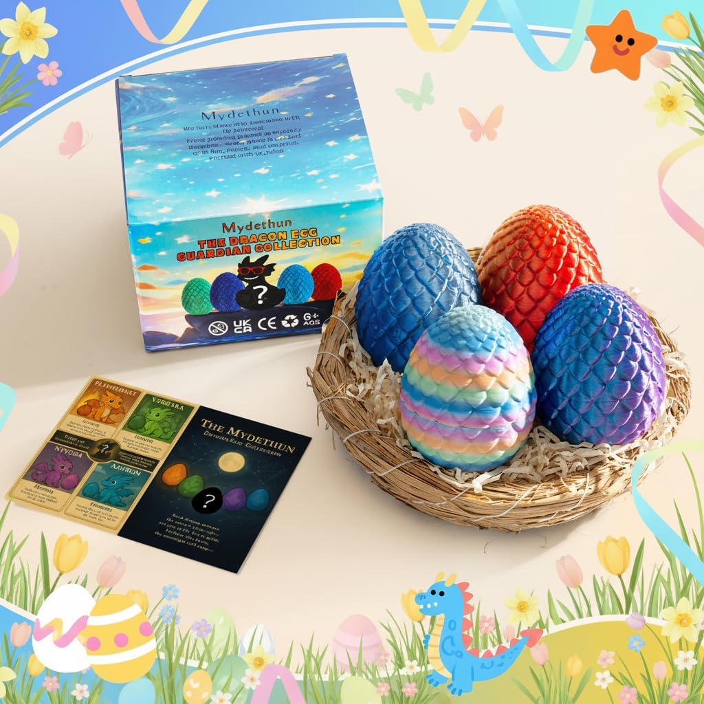 Mydethun 4 PCS 3D Printed Dragon Eggs - Articulated Dragons with 27 Joints, Easter Basket Stuffers, Mystery Birthday Gifts, Collectible Fidget Toy Desk Decor for Kids