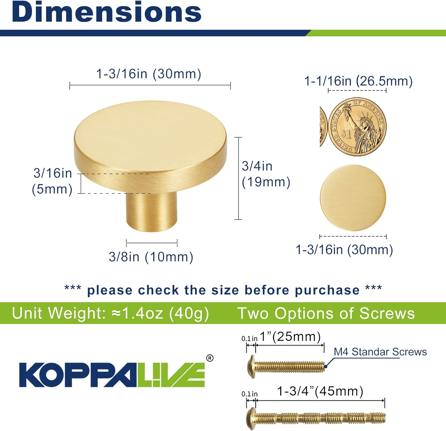 20-Pack Gold Kitchen Cabinet Knobs, Solid Brass Knobs for Dresser Drawer, Round Minimalist Bathroom Cabinet Pulls, Modern Furniture Hardware, Brushed Finish, Diameter 1-3/16 Inch
