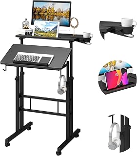 Klvied Mobile Standing Desk with Cup Holder, Portable Stand Up Desk, Adjustable Height Small Standing Desk, Rolling Desk with Wheels, Home Office Laptop Cart, Computer Desk for Standing or Sitting