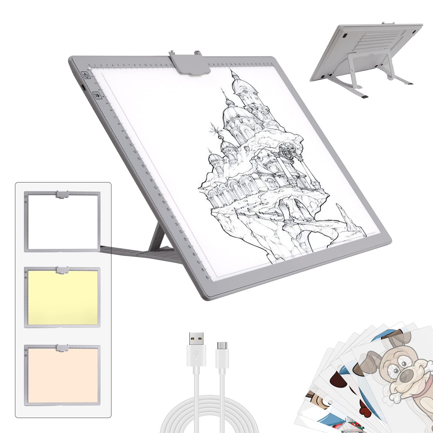 A3 Light Box, Wireless Battery LED Light Pad with Stand Rechargeable 6 Adjustable Brightness Rechargeable Tracing Light Box Pad for 5D Diamond Painting Kits Artists Drawing Sketching Animation(Gray)