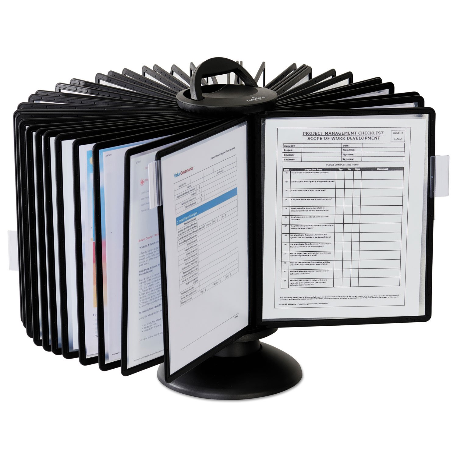 DURABLE Carousel Desktop Referenzsystem, 40 doppelseitige Paneele, Briefgröße, Schwarz, SHERPA Design (555701)