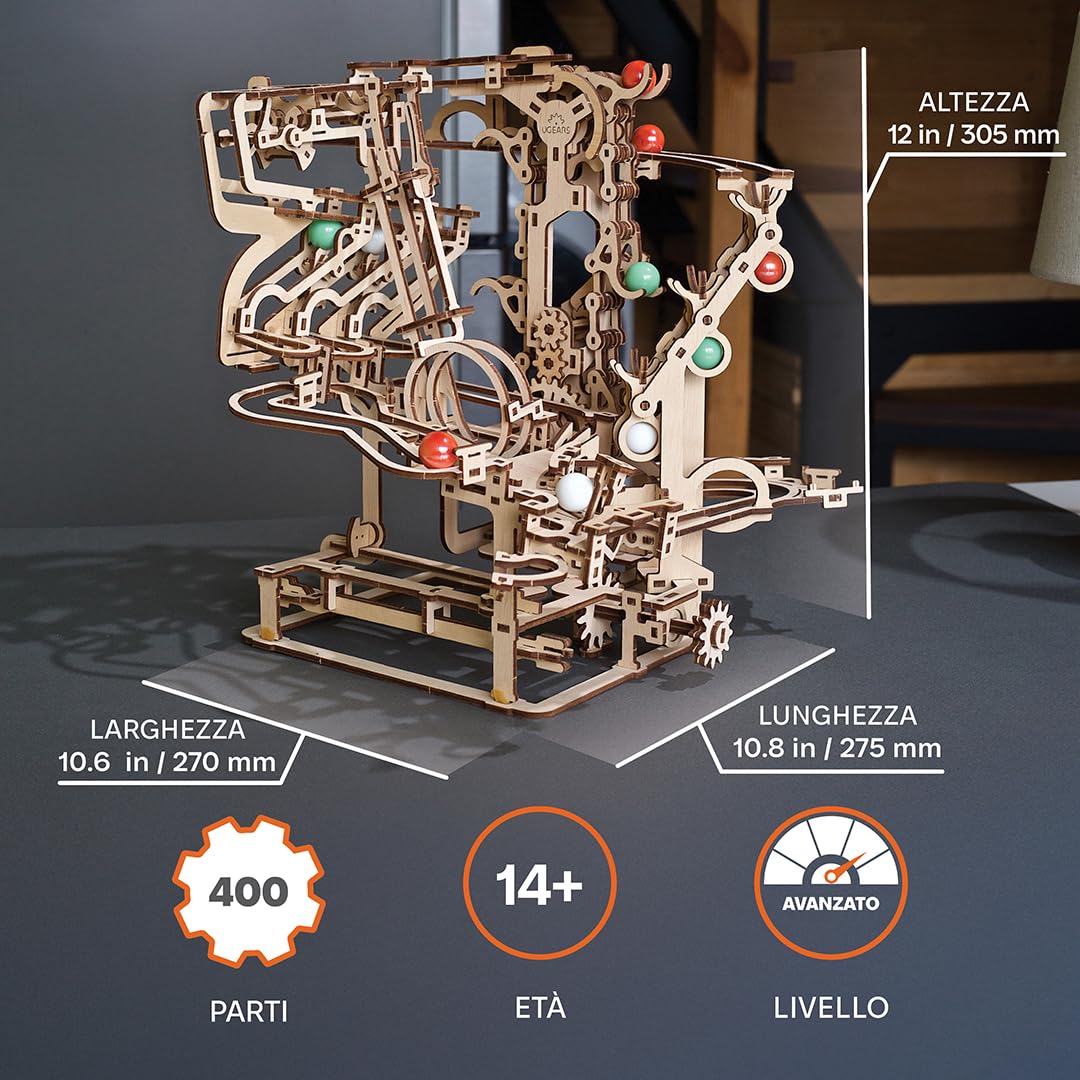 UGEARS Marble Run Chain Hoist in Legno - Puzzle Meccanici 3D in Legno per Adulti, Kit Modello Fai-da-Te per Adulti, Unici - Gioco di Biglie 3D Regali per Amanti dei Puzzle 400 Pezzi