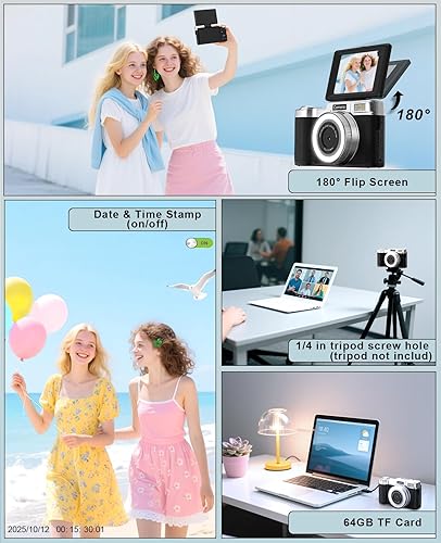 Miniatura 9 de FLATIC Cámara digital, cámaras 4K de 64 MP para fotografía con tarjeta de 64 GB, cámara de vlogging con zoom 18X para YouTube con pantalla abatible