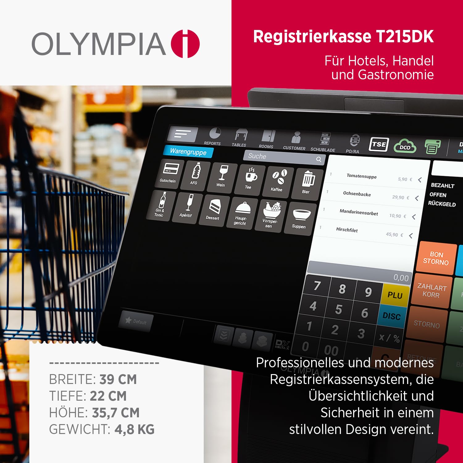 Olympia T215DK Caisse enregistreuse pour la restauration et le commerce | Système de caisse électronique avec écran tactile | Écran tactile 15" | Caisse enregistreuse TSE | Imprimante thermique et