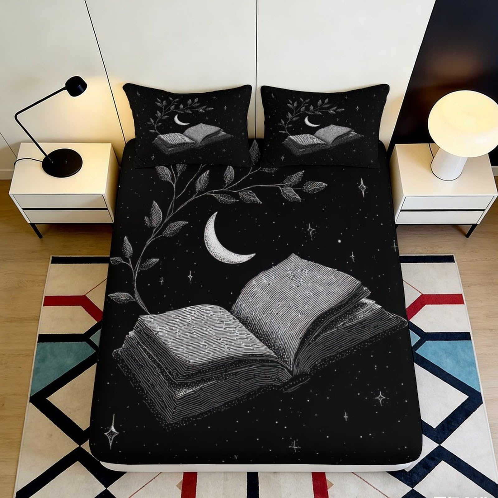 3D Printed Night Sky Moon Book Fitted Sheet Microfiber Deep Pocket Bedroom Bedding Night Sky Mattress Fitted Cover Washable 180x200x25cm