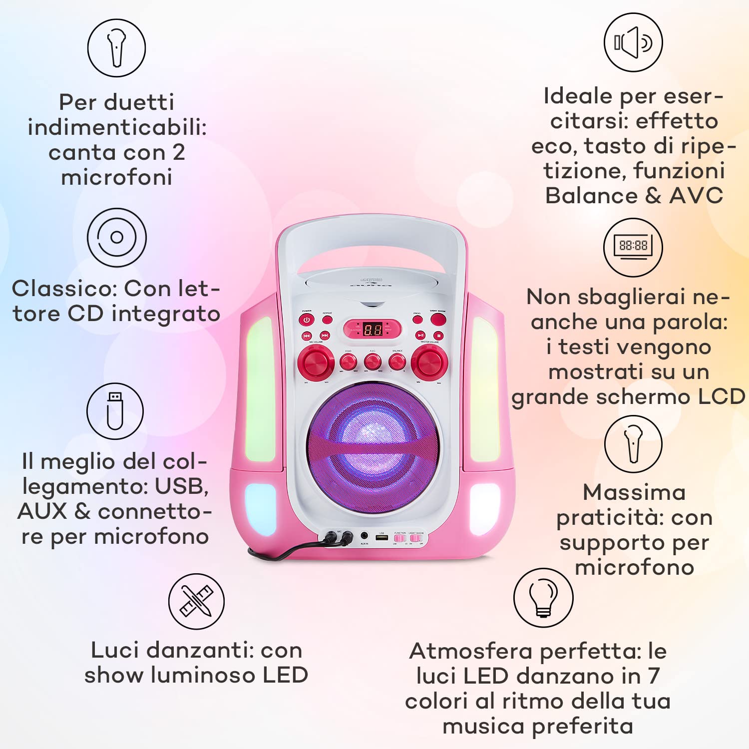 AUNA Kara Illumina - Kit Karaoke, 2 Microfoni Dinamici, Lettore CD+G , Top Laoding, Capacitá MP3, Uscita Video, usicta Audio, Effetto Eco, Funzione AVC, Rosa-Bianco