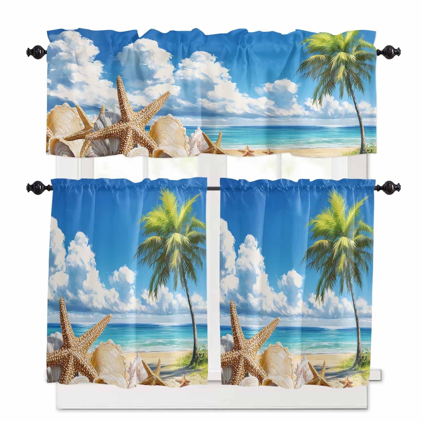 Beach Blue Kitchen Curtains 36 Inch Length, 3 Piece Rod Pocket Small Half Tiers and Valance Set, Starfish Palm Tree Shell Sandy Beach Small Large Window Treatment Decor for Bedroom/Bathroom Sink