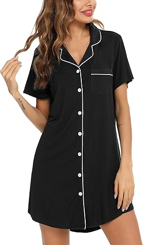 Pjmlifecoco Camisón para mujer, con botones, manga cortalarga, suave modal, ropa de dormir S-XXL
