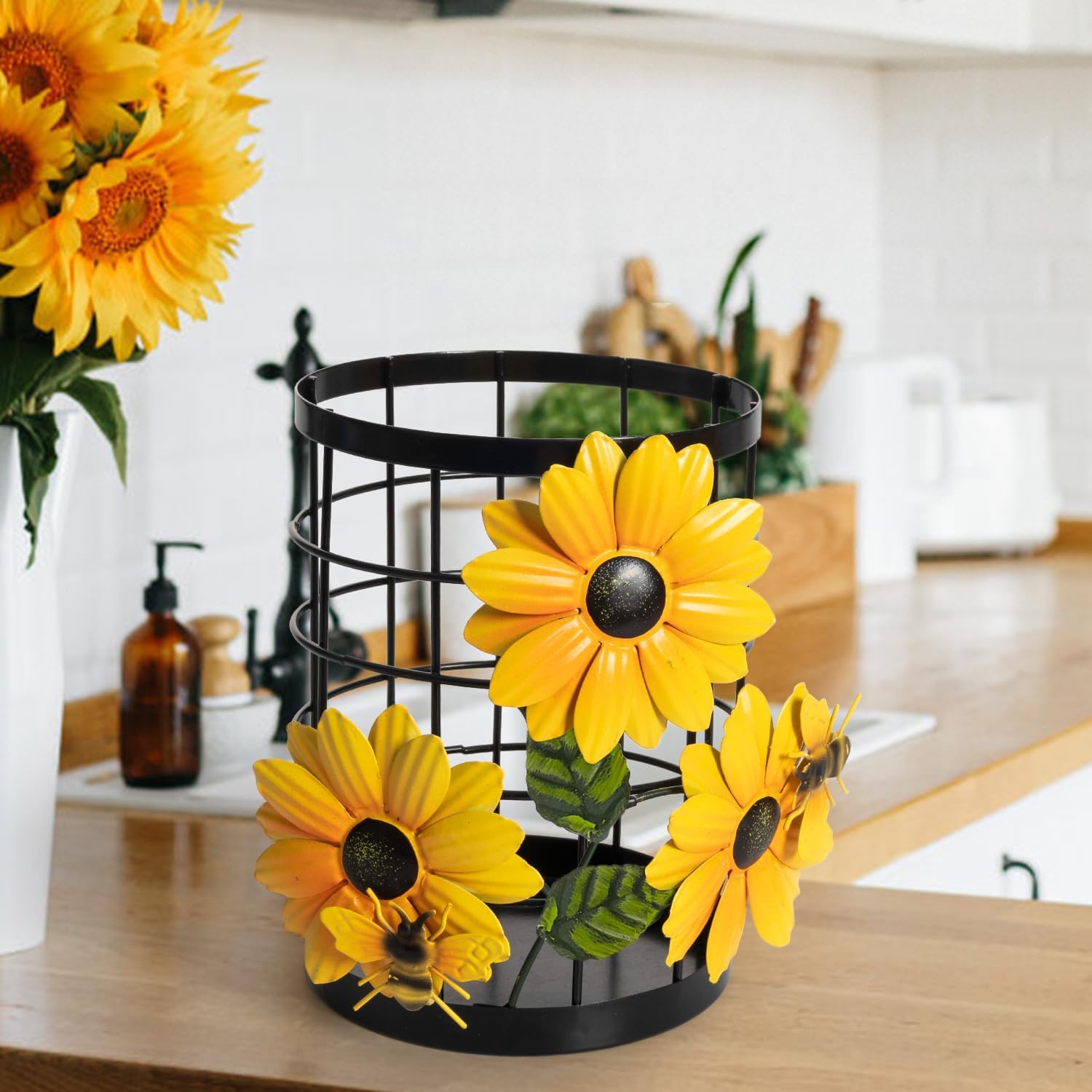 Sunflower Utensil Holder Sunflower Kitchen Decor and Accessories Yellow Kitchen Decor Utensil Caddy Countertop Country Crock Counter Organizer Canister Gifts for Women