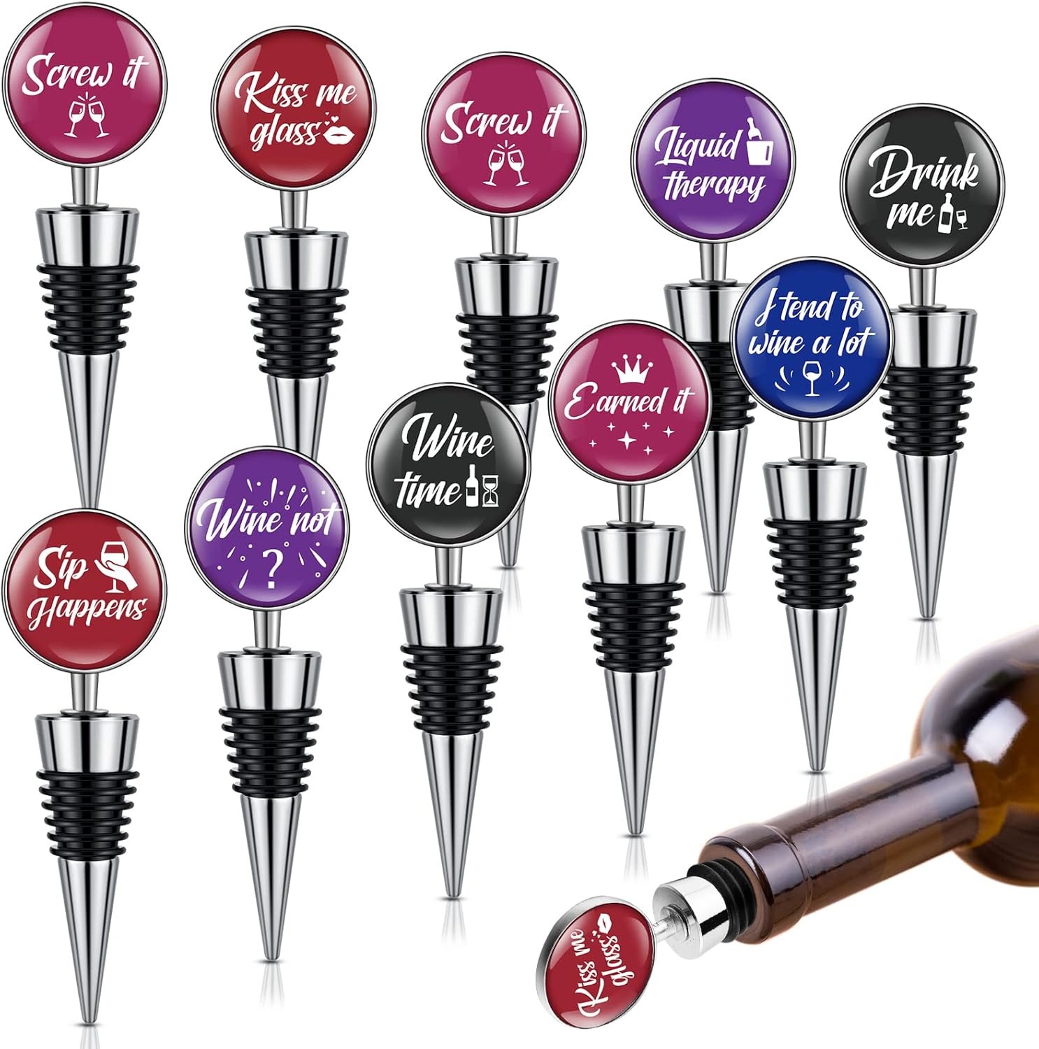 Therwen 10 Pieces Funny Wine Stopper Stainless Steel Wine
