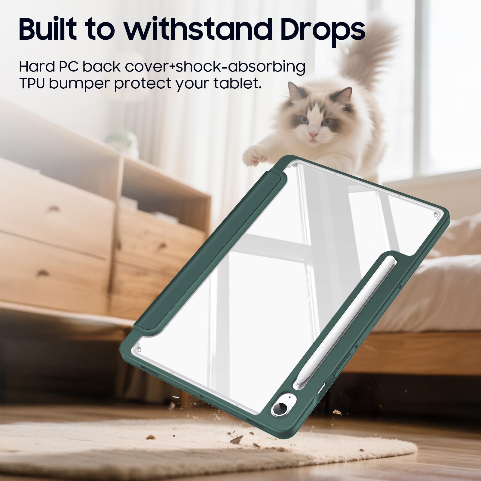 Fintie Hybrydowe etui do tabletu Samsung Galaxy Tab S9 FE 10,9 cala/Tab S9 11 cali 2023 z uchwytem na długopis - odporne na uderzenia etui ochronne z przezroczystą twardą obudową z tyłu, kolor zielony | Odporne na uderzenia etui ochronne z przezroczystą t