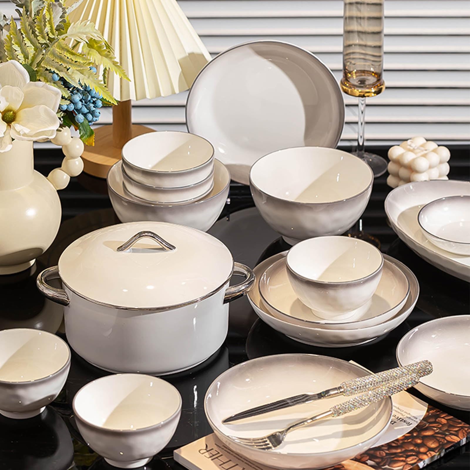 Geschirrset Weiß Tafelservice 12 Personen Modern Schüssel- Und Teller-Set Servierteller Groß Salatschälchen Vintage Geschirr Keramik-Geschirr Service Mikrowellen- Und Spülmaschinenfest(30pcs) Küche, Haushalt & Wohnen