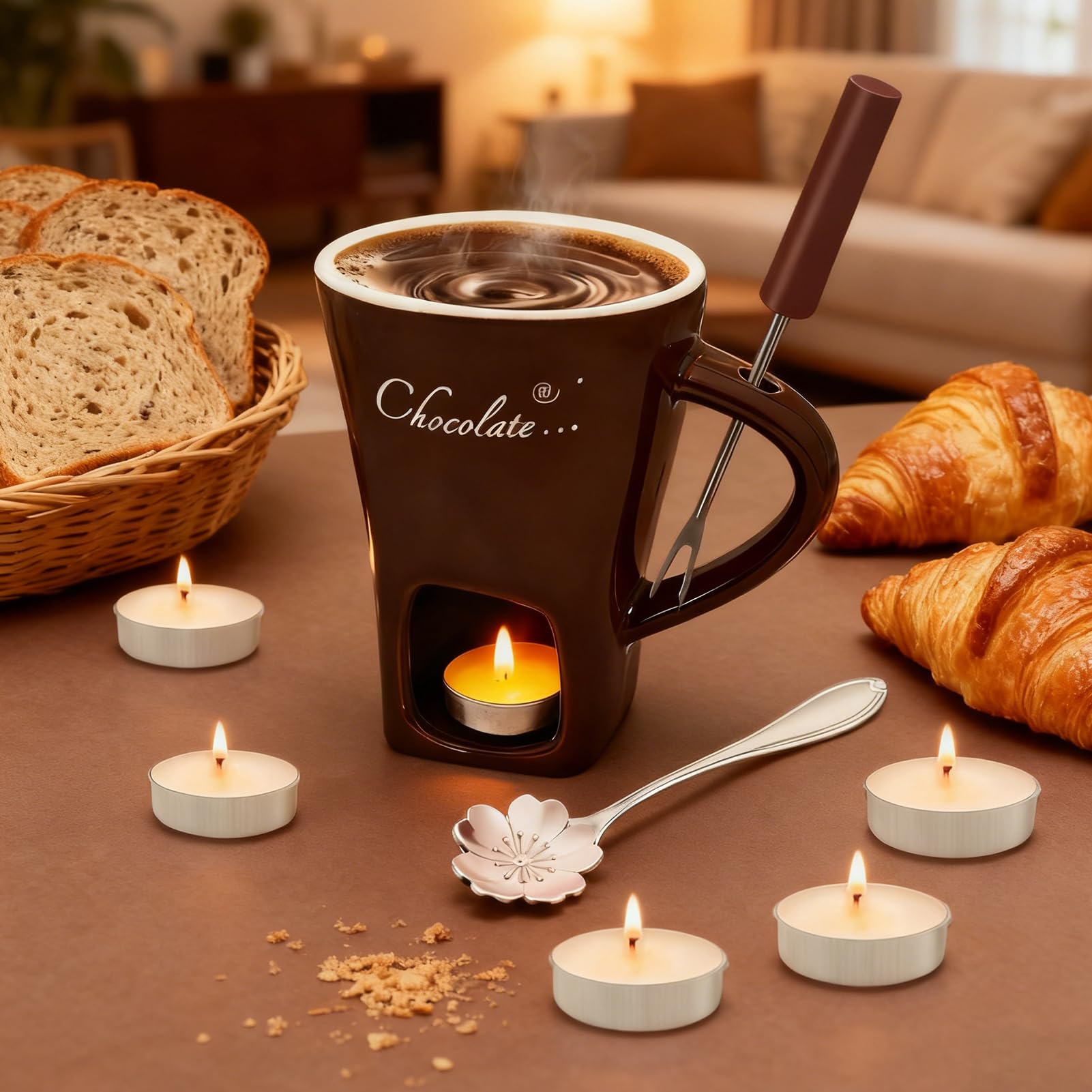 Set per fonduta di Cioccolato 200 ml in Ceramica con forchetta e tealight Marrone