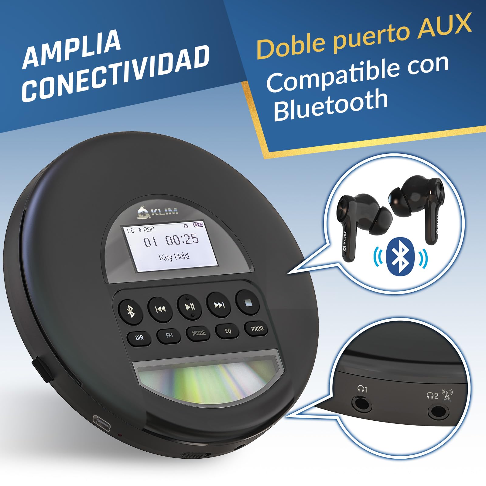 KLIM Nomad - Reproductor CD portatil con batería Interna de Larga duración - Auriculares KLIM Fusion - CD Player Mini Compacto - Radio FM Compatible con CD-R, CD-RW MP3 - Nuevo - Argén