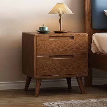 Solid Wood Nightstand with 2-Drawer, Mid-Century Modern Bedside Table Minimalist Bedroom Storage Cabinet with Spacious Top & Rounded Edges45x40x50cm18x16x20inch, Brown1