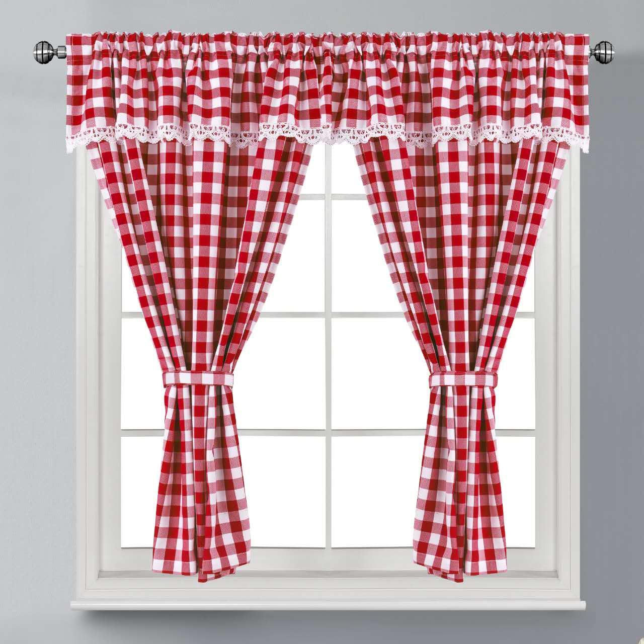 Householdfurnishing Red Embroide Kitchen Window Pair Curtains Set Rod Pocket With Attached Valance & Tiebacks (W 48 X L 48 Inch, )