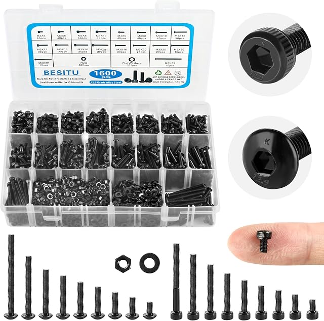 Besitu 1600Pcs M3 Screw Kit, 12.9 Grade Alloy Steel Hex Socket Button & Cap Head Metric Screw Assortment M3 Bolts and Nuts Washers Kit Black Small Machine Screw Set for 3D Printing