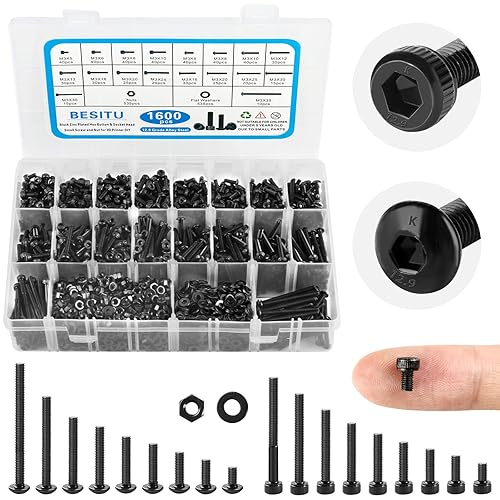 Besitu Kit de 1600 Tornillos M3, Acero de Aleación Grado 12.9 Tornillos Métricos con Cabeza de Botón Hexagonal y Cabeza Cilíndrica, Surtido de