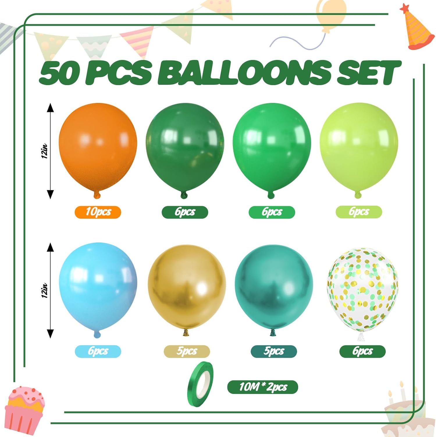 Dinosaur Balloons, 12 Inch Dark Green Teal and Orange Balloons, Metallic Gold Fruit Green Gold Confetti Balloon with Ribbons for Boys Baby Shower Jungle Safari Birthday Party Decorations - Image 2