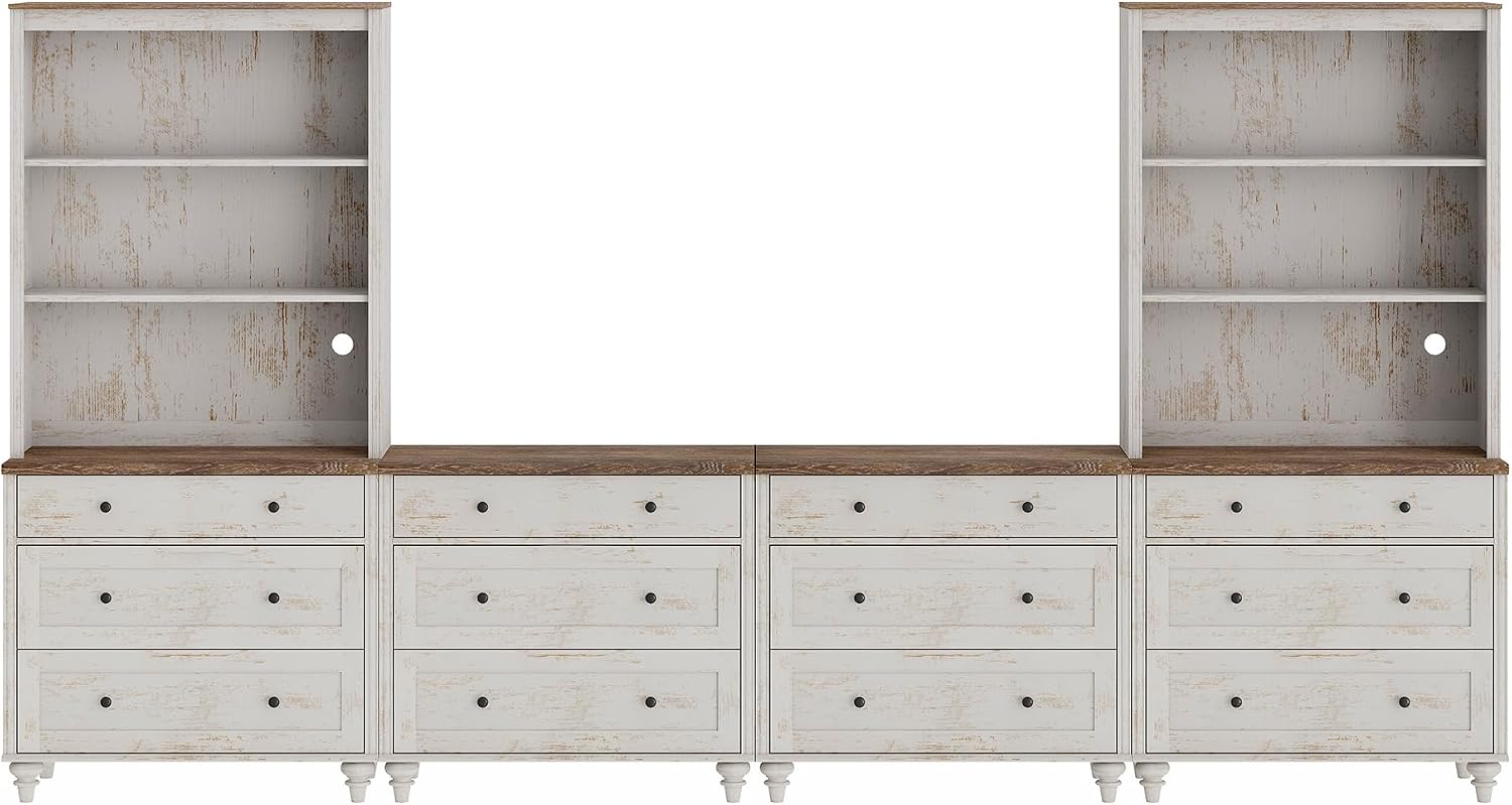 WAMPAT Entertainment Center with Bookshelves for TVs up to 75", Farmhouse Wall Unit TV Stand with Drawers, Media Console Table for Living Room, Bedroom & Home Theater, Rustic White