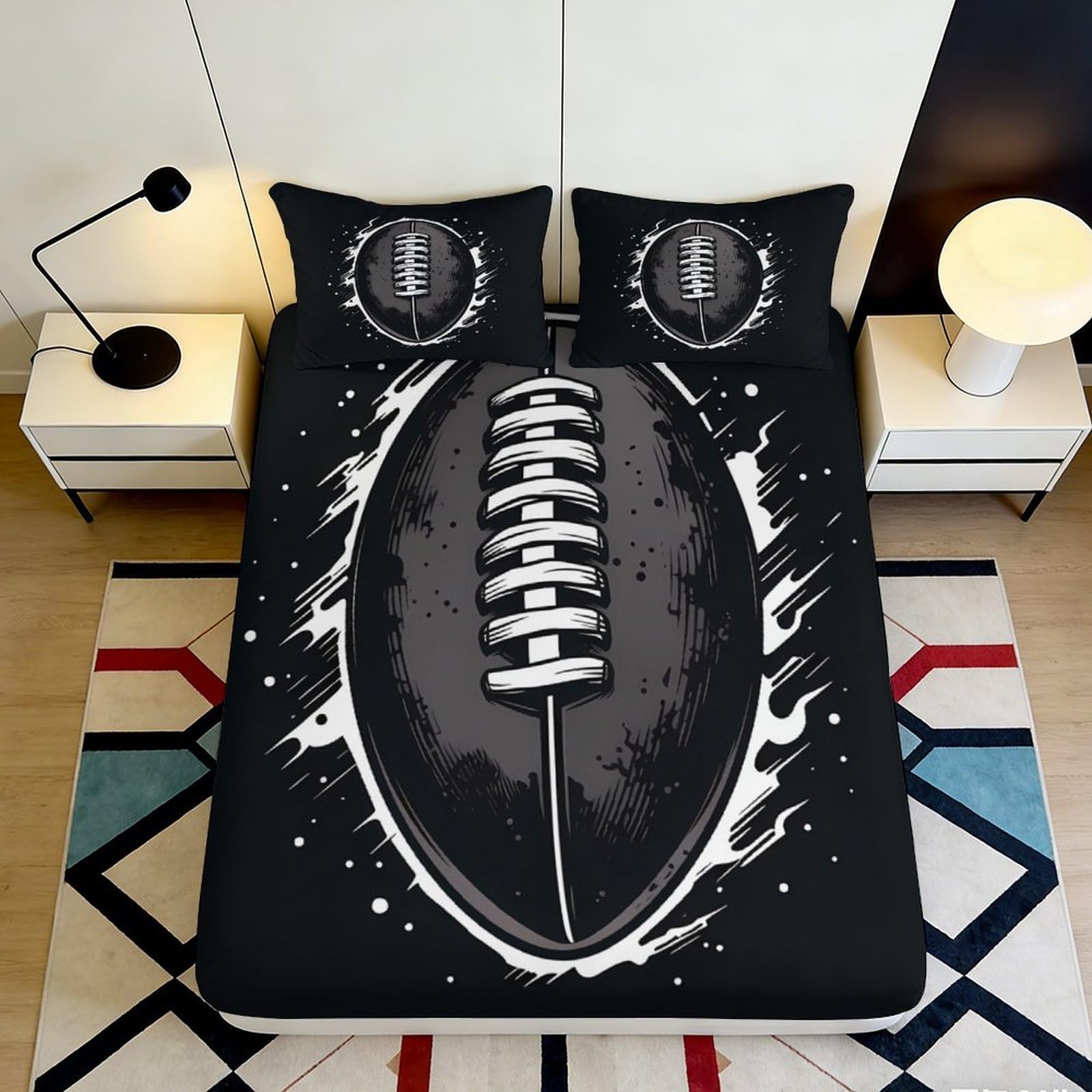 3D Printed Rugby Ball Fitted Sheet Microfiber Soft Black White Sport Theme Mattress Cover for Bedroom Dorm Decor 90x200x25cm