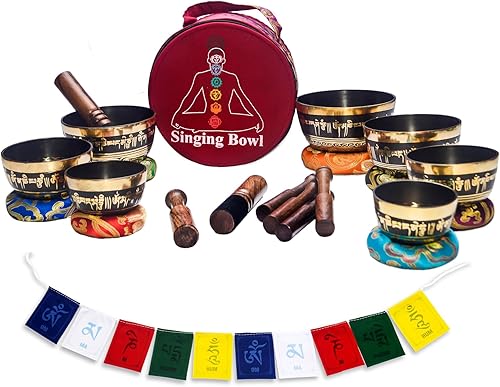 KHUSI - Juego de 7 cuencos tibetanos, Thadobati, hechos a mano, con mantra grabado para yoga, curación de chakras, relajación, alivio del estrés,