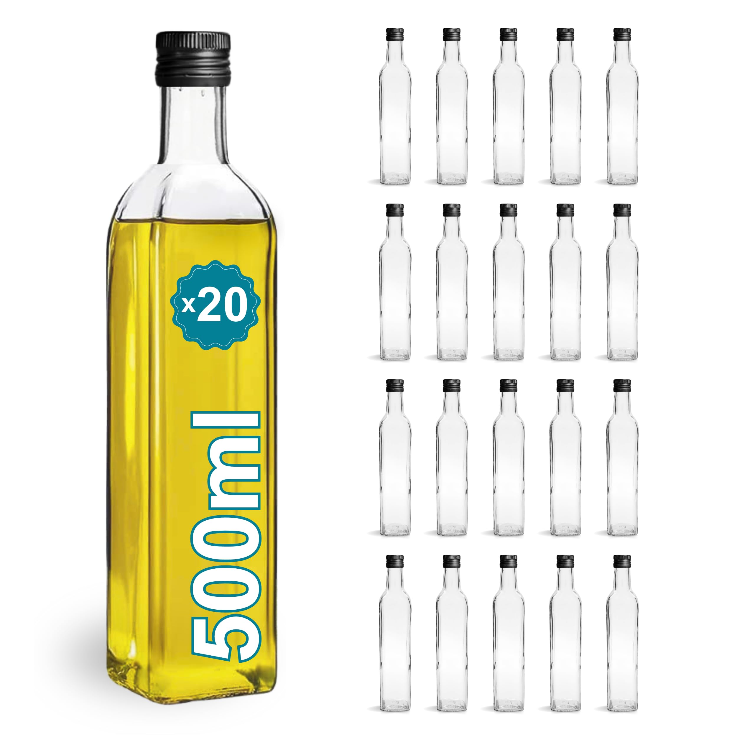 Espirito Rebelde 20 Botellas de Cristal 500ml con Tapón de Rosca Negro - Aceite de Oliva, Vinagre, Alcohol, Salsas - Aceitera de Cristal