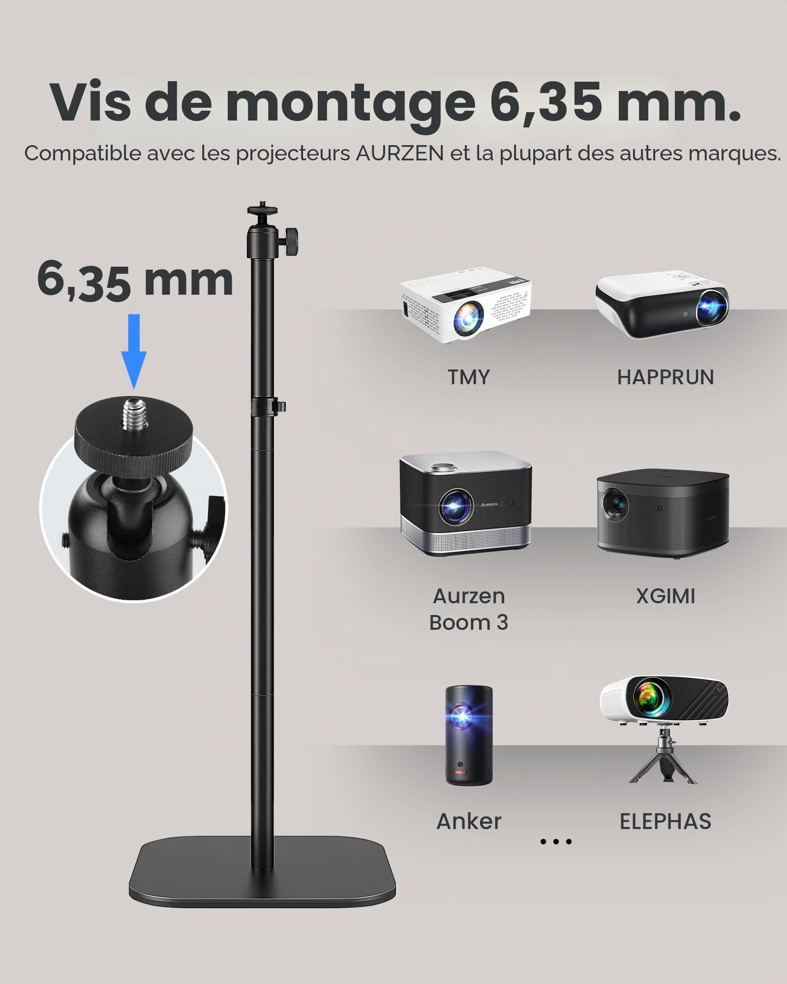 Aurzen Support de projecteur, compatible avec TMY, HAPPRUN, Yaber, Epson, et la plupart des projecteurs, hauteur de 120 cm avec vis de 6,35 mm, supporte jusqu'à 8,2 kg, idéal pour projecteurs