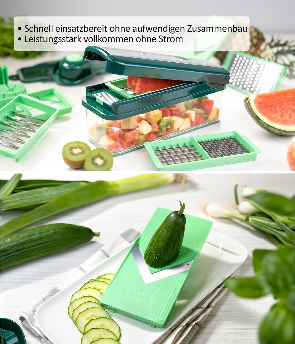 Genius Nicer Dicer Exclusive 15-Piece Vegetable Cutter Set, Green Stainless Steel Body & Blades, Includes Tomato Cutter, Coarse Grater & Slicer, Collection Container 2500 ml