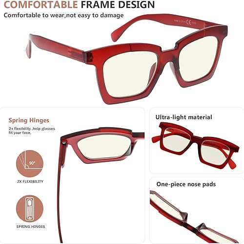 Miniatura 5 de Eyekepper Gafas de lectura de diseño para mujeres con bloqueo de luz azul lectores de computadora con bisagras de resorte - rojo +1.50