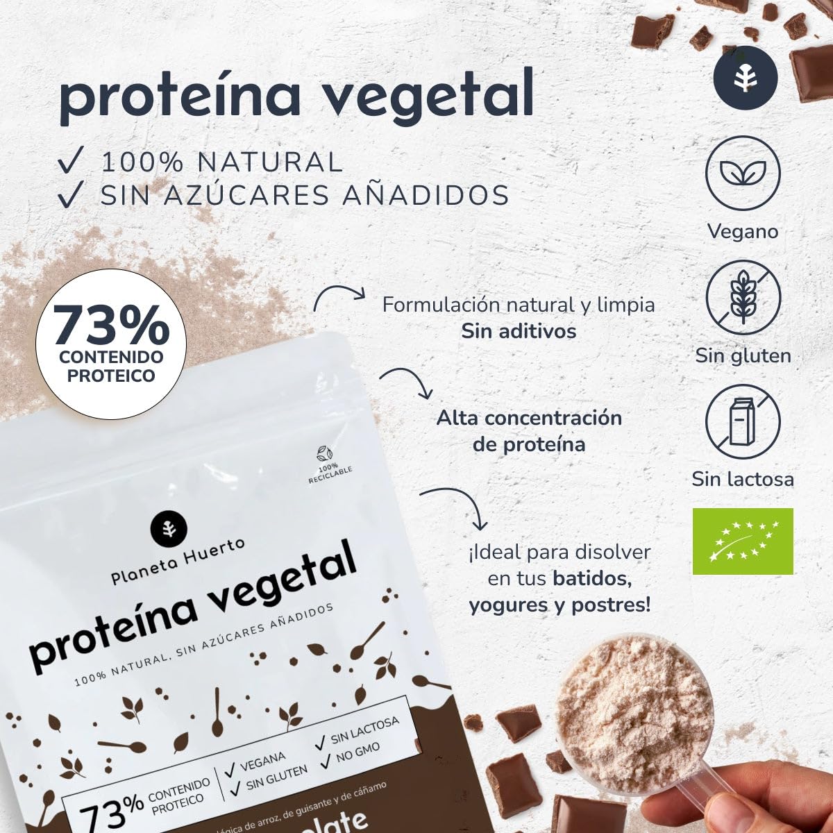PLANETA HUERTO | Proteína Vegana ECO 73% Chocolate 1 kg - Sin gluten, Sin lactosa ni aditivos - Para batidos, postres y yogures - Aminograma Completo, Aminoácidos Esenciales y Ramificados - Non-GMO