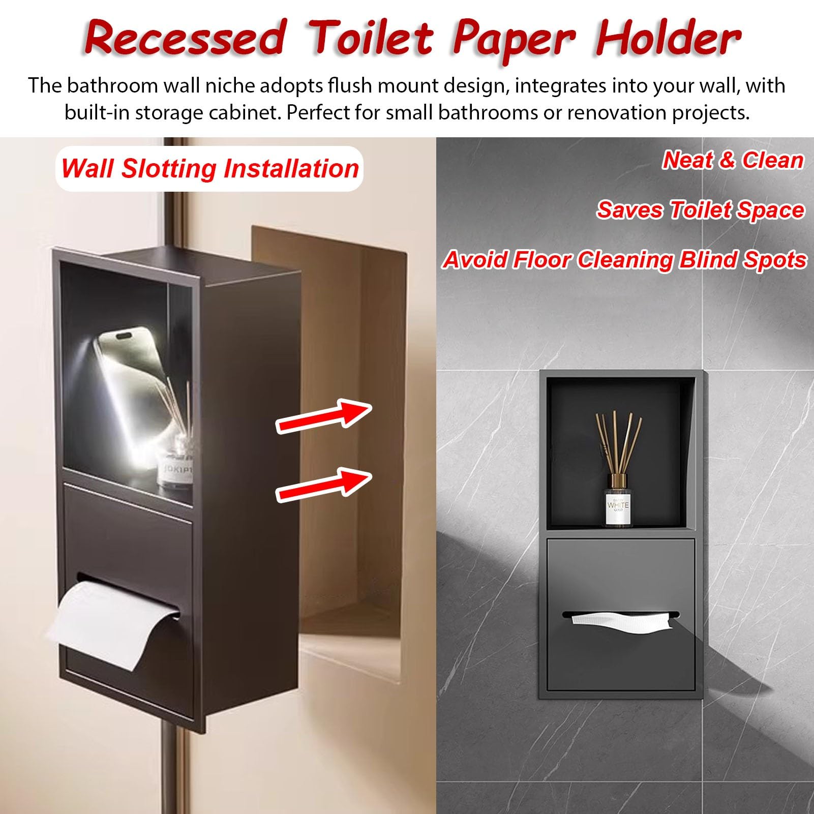 Vibeo Portarrollos Empotrable Portarrollos de Papel Higiénico Empotrado Doble, Nicho de Pared para Baño con Estante, Almacenamiento de Rollos de Papel Higiénico Integrado(Black,S)