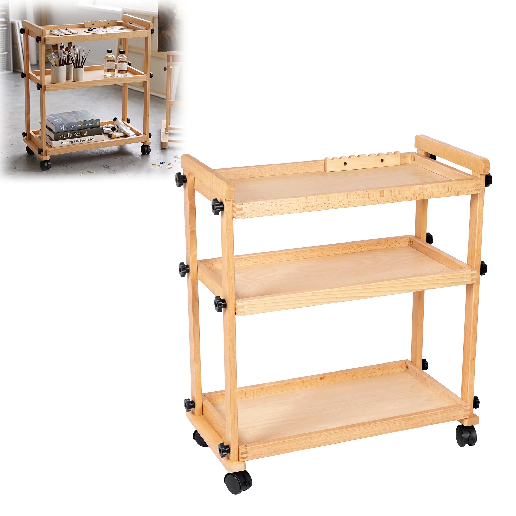 lesolar Art Storage Cart Wooden,3-Tier Rolling Art Cart with Wheels,Multifunctional Solid Beechwood Craft Trolley,Use for Art Supplies Studio Cart Classroom Storage (3-Tier)