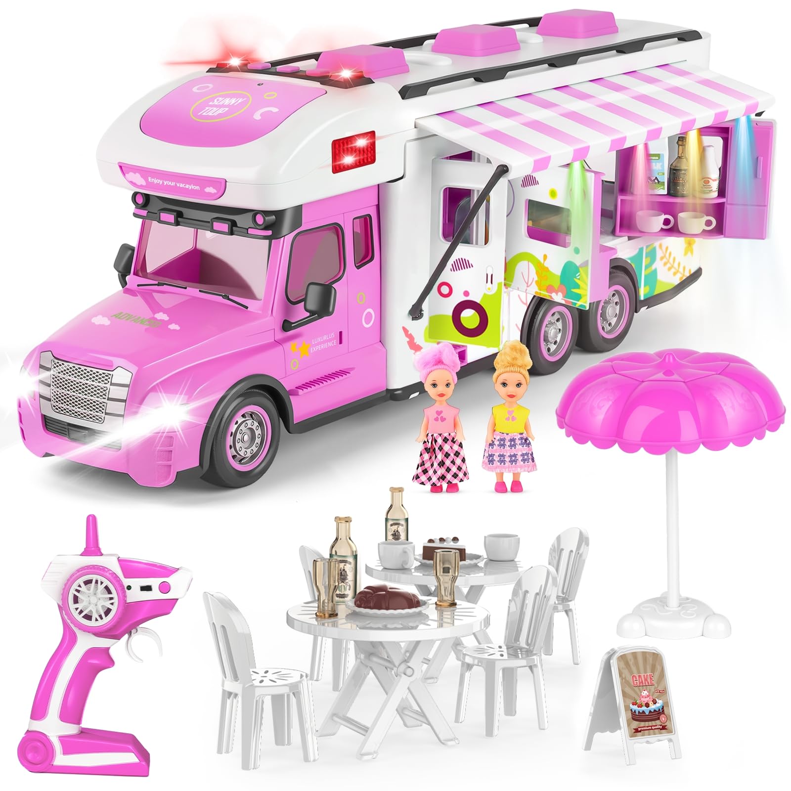 Charmofun Macchina Telecomandata Per Bambina, Auto Radiocomandata Rosa Con 2 Bambole, Telecomando, Luci E Suoni, Auto Telecomandato Ragazze 6 -12 Anni, Natale Compleanno Regalo (Rosa)