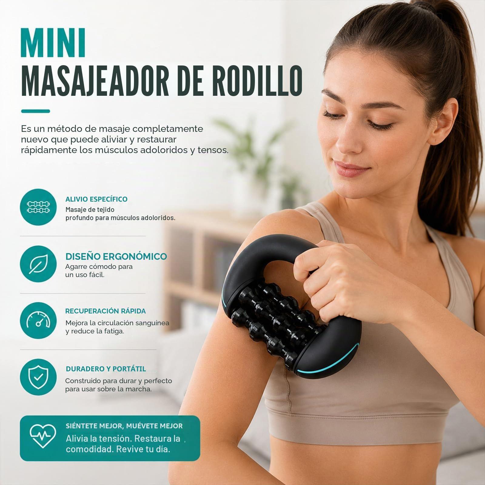 Masajeador de mano eléctrico con rodillos, 3 niveles de masaje, recargable por USB, ligero masajeador de tejido profundo para espalda, hombros, piernas, oficina, gimnasio