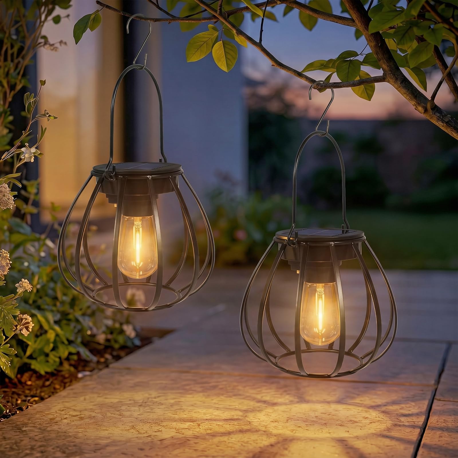 Kimjo Solar Lights Outdoor Garden Lights Hanging/Standing, IP65 Waterproof Solar Lanterns for Outside 2 Pack, Vintage Metal Garden Lanterns Solar Powered, Outdoor Lanterns for Balcony Courtyard Path