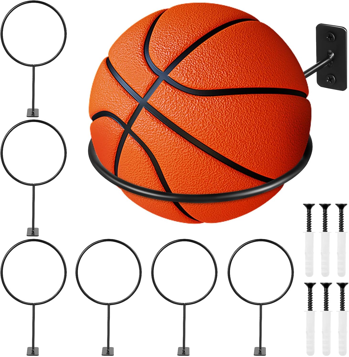 7 Pcs Wall-mounted Ball Storage Rack Space-saving Basketball Holder for Home Exercise Room Multiple Ball Organizer for Football Volleyball Iron Construction